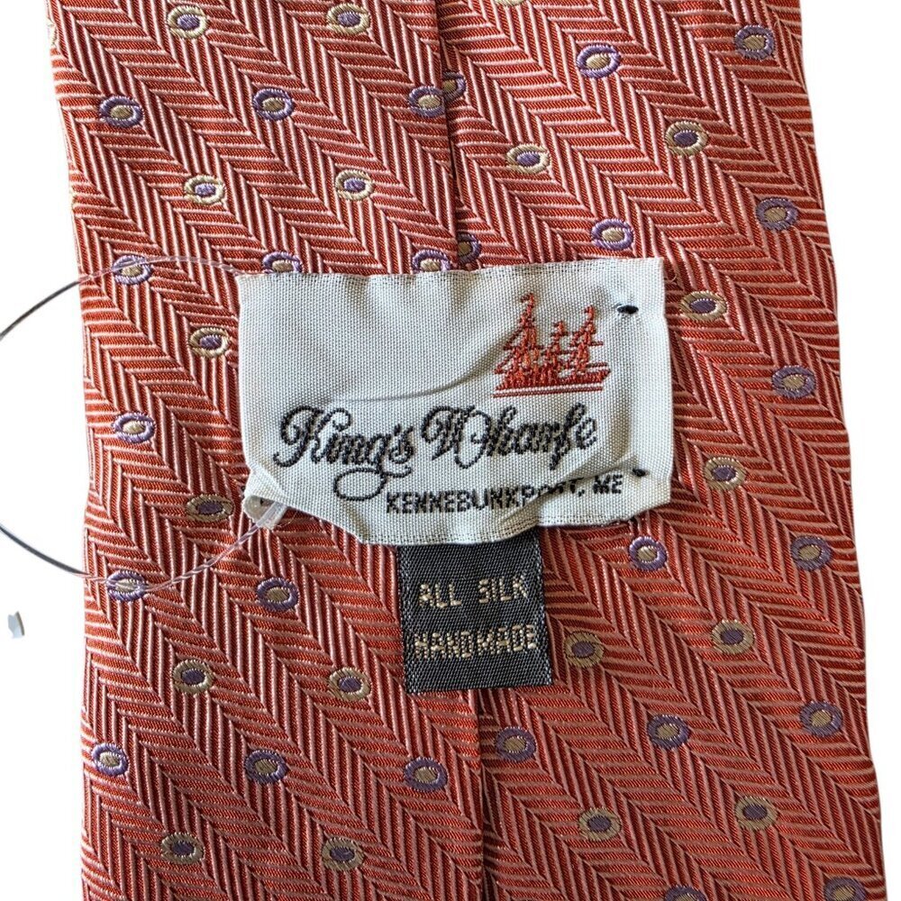 Kings Wharfe Vintage Silk Tie USA Made Coral Pink Herringbone Preppy Geometric - Picture 4 of 16